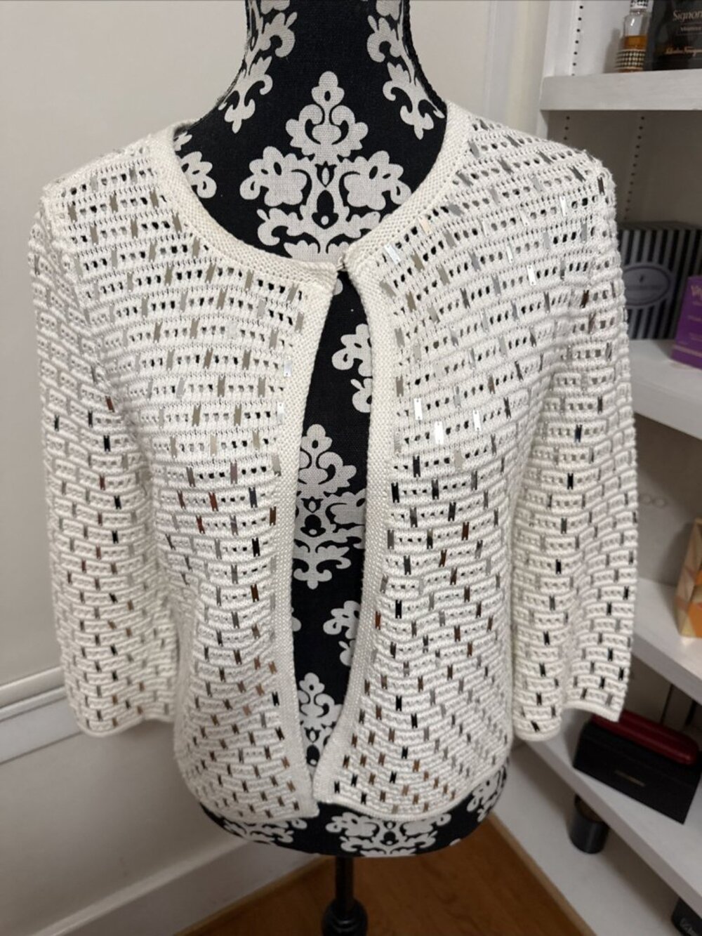 NWT Chicos Sweater Open Knit Cardigan White Silver Mirrored Sequins 0 S/M